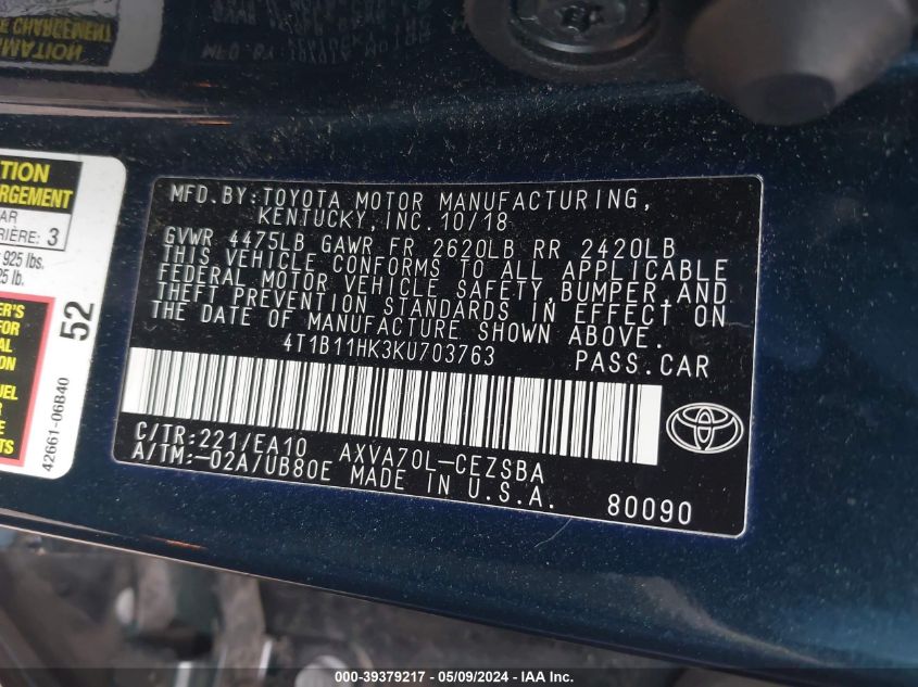 4T1B11HK3KU703763 2019 Toyota Camry Se