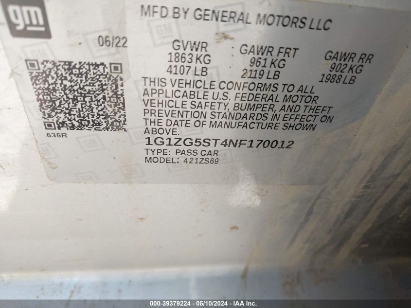 2022 Chevrolet Malibu Fwd Rs VIN: 1G1ZG5ST4NF170012 Lot: 39379224