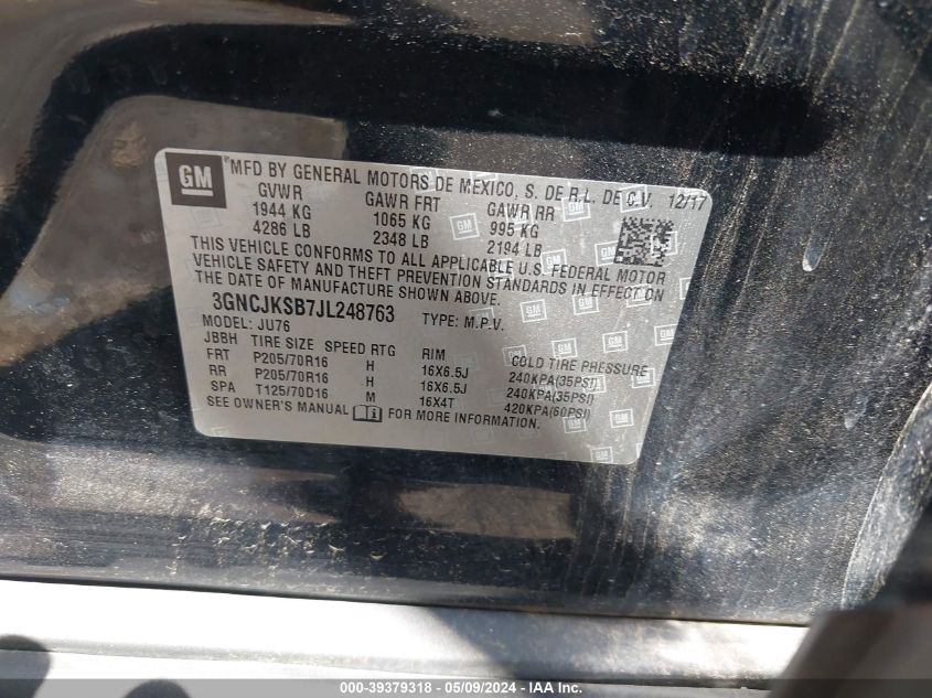 2018 Chevrolet Trax Ls VIN: 3GNCJKSB7JL248763 Lot: 39379318