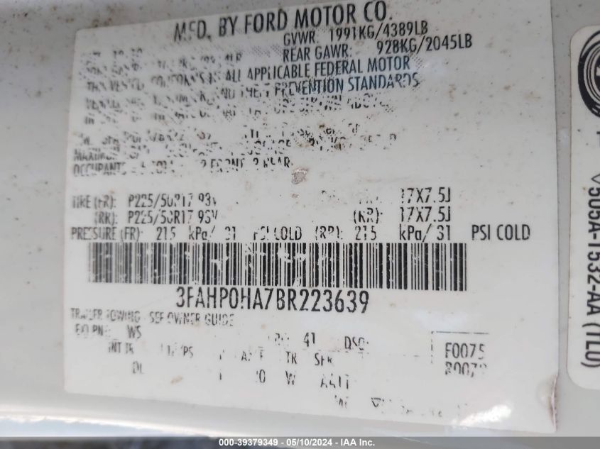 2011 Ford Fusion Se VIN: 3FAHP0HA7BR223639 Lot: 39379349