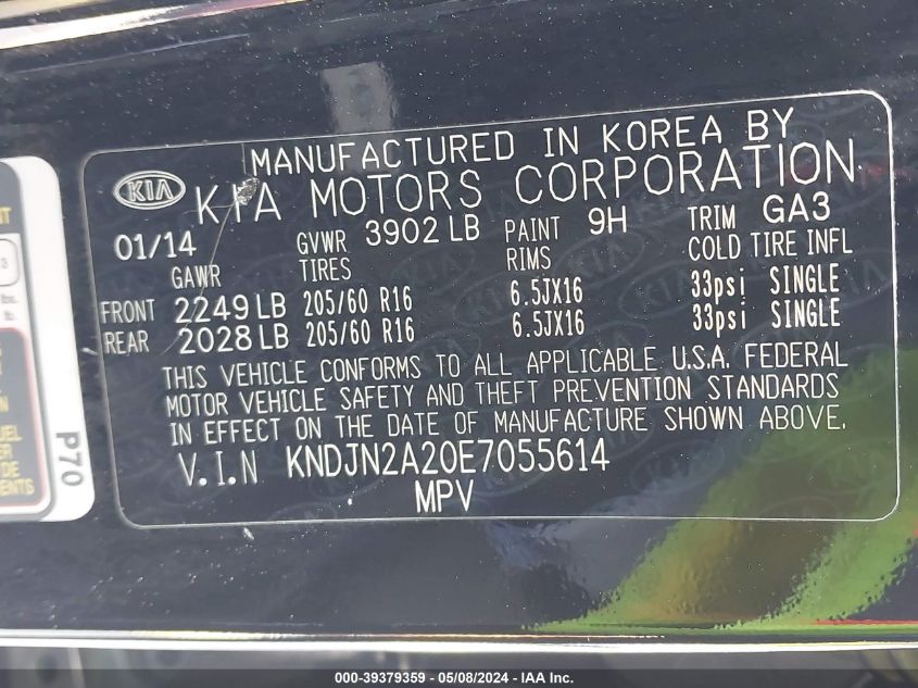 2014 Kia Soul ! VIN: KNDJN2A20E7055614 Lot: 39379359