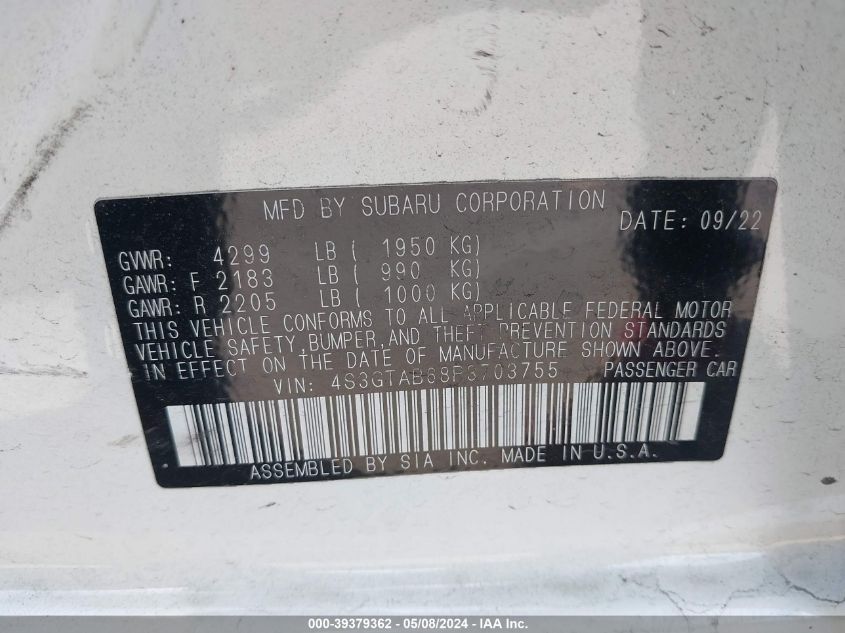 2023 Subaru Impreza Base 5-Door VIN: 4S3GTAB68P3703755 Lot: 39379362