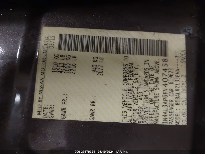 2015 Nissan Altima 2.5 Sl VIN: 1N4AL3AP6FN407458 Lot: 39379391