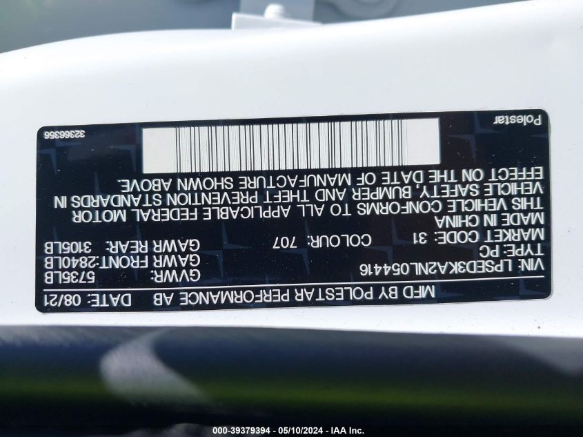 2021 Polestar 2 Launch Edition VIN: LPFED3KA2ML054416 Lot: 39379394