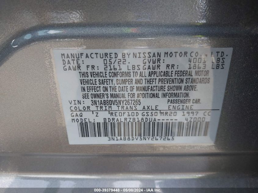 2022 Nissan Sentra Sr Xtronic Cvt VIN: 3N1AB8DV5NY267265 Lot: 39379448