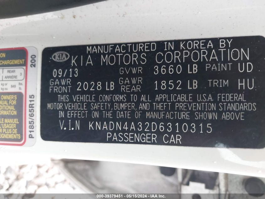 2013 Kia Rio Ex VIN: KNADN4A32D6310315 Lot: 39379451