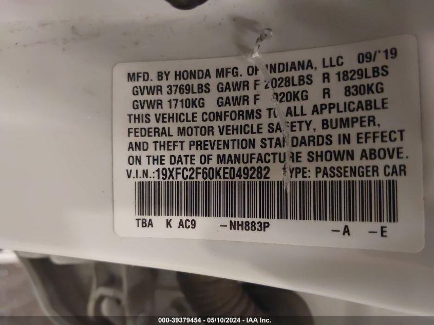 2019 Honda Civic Lx VIN: 19XFC2F60KE049282 Lot: 39379454