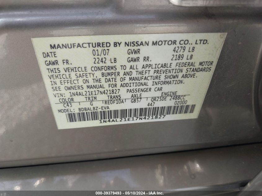 2007 Nissan Altima 2.5 S VIN: 1N4AL21E17N421827 Lot: 39379493