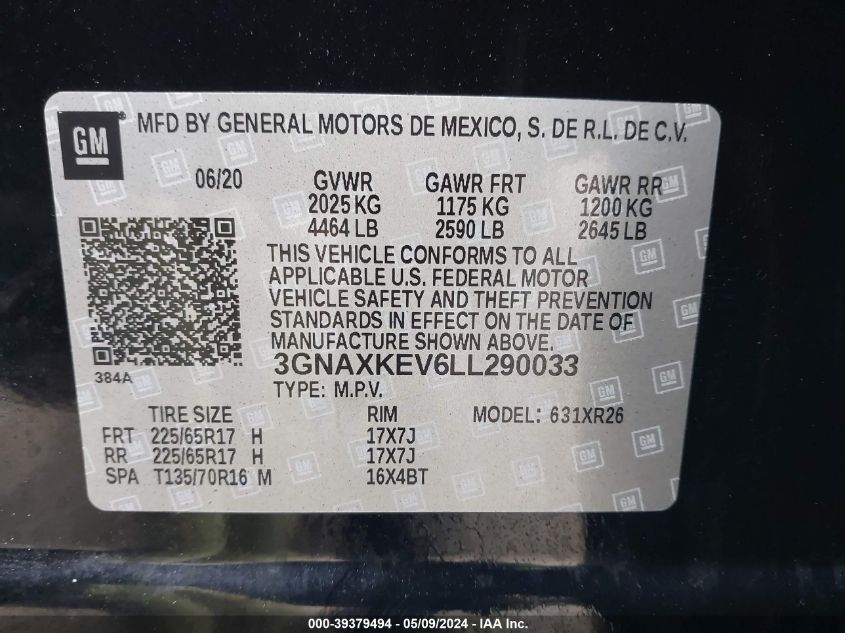 2020 Chevrolet Equinox Fwd Lt 1.5L Turbo VIN: 3GNAXKEV6LL290033 Lot: 39379494