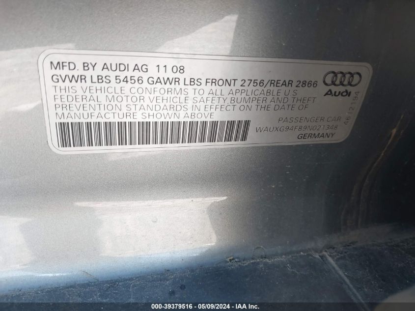 2009 Audi A6 3.0 Premium VIN: WAUXG94F89N021348 Lot: 39379516