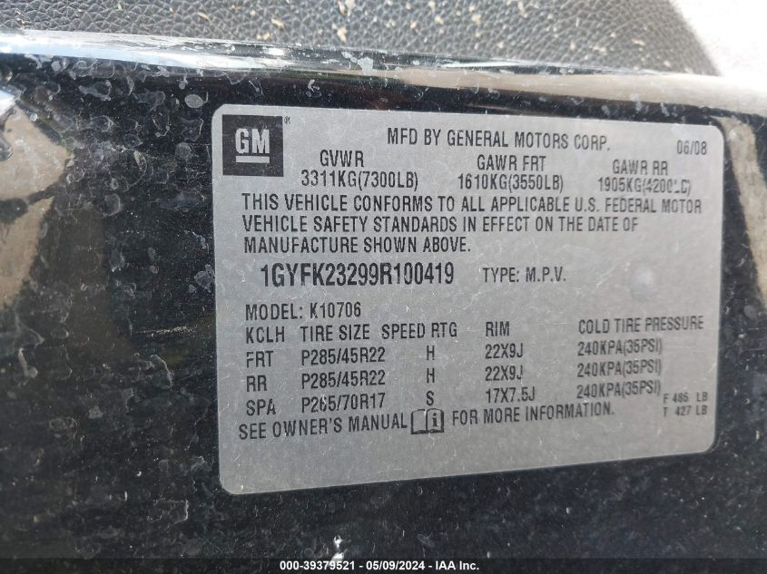 1GYFK23299R100419 2009 Cadillac Escalade Standard