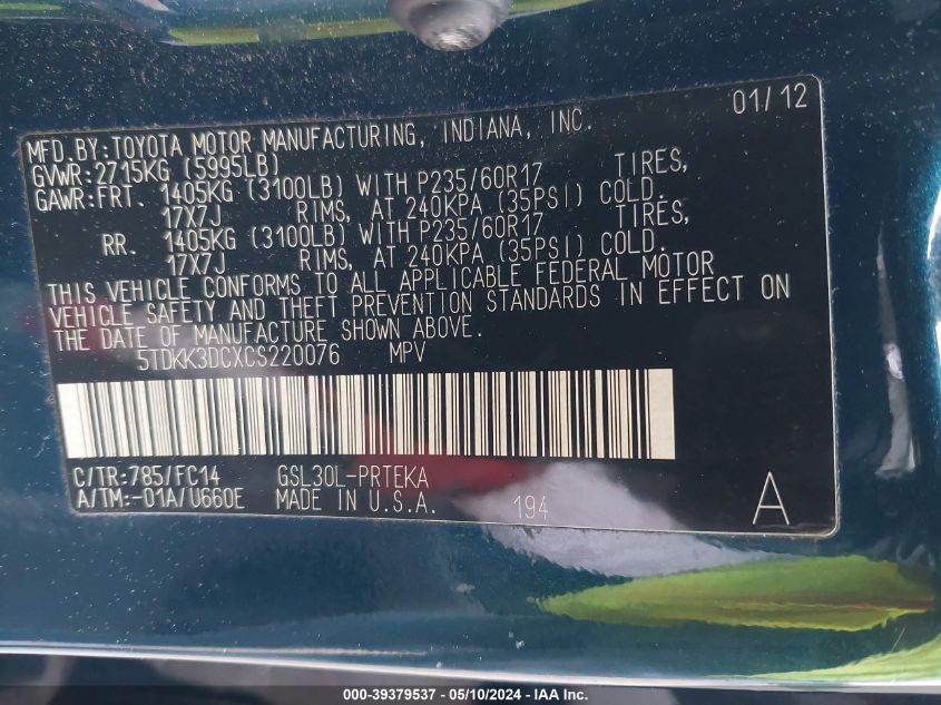 2012 Toyota Sienna Le V6 8 Passenger VIN: 5TDKK3DCXCS220076 Lot: 39379537