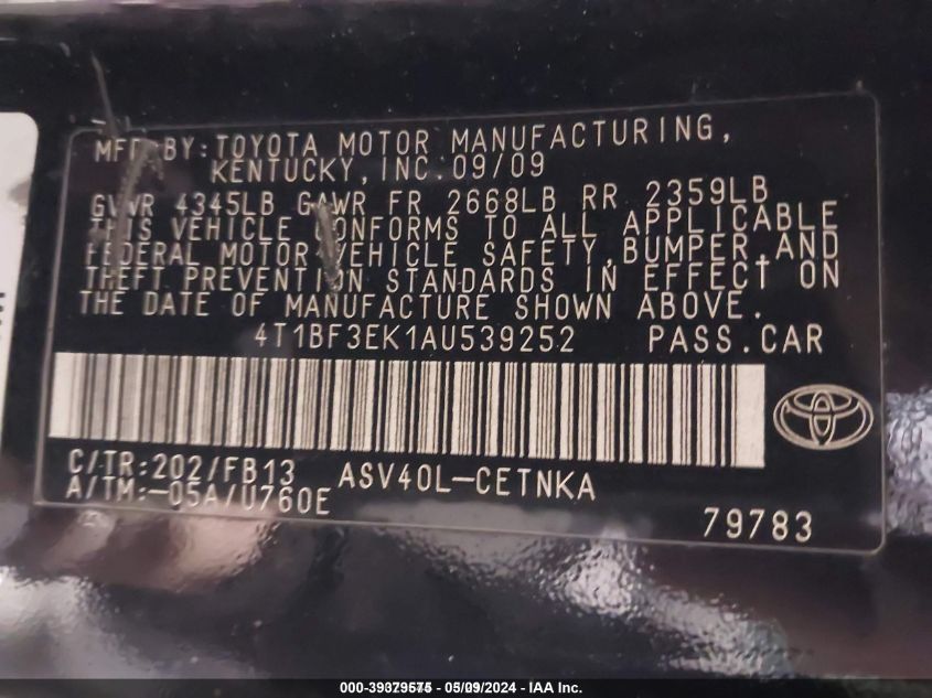 2010 Toyota Camry Le VIN: 4T1BF3EK1AU539252 Lot: 39379575