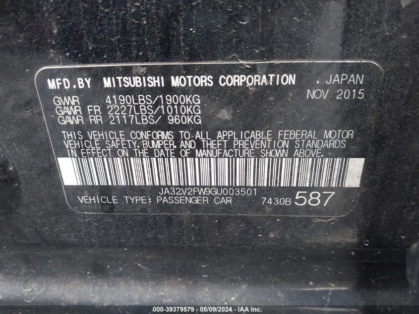 2016 Mitsubishi Lancer Se VIN: JA32V2FW9GU003501 Lot: 39379579