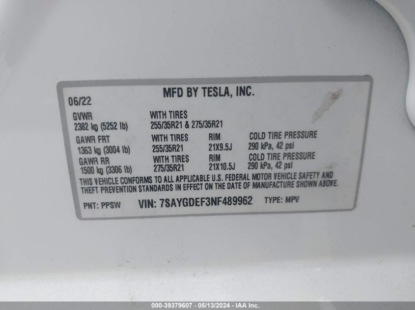 2022 Tesla Model Y Performance Dual Motor All-Wheel Drive VIN: 7SAYGDEF3NF489962 Lot: 39379607