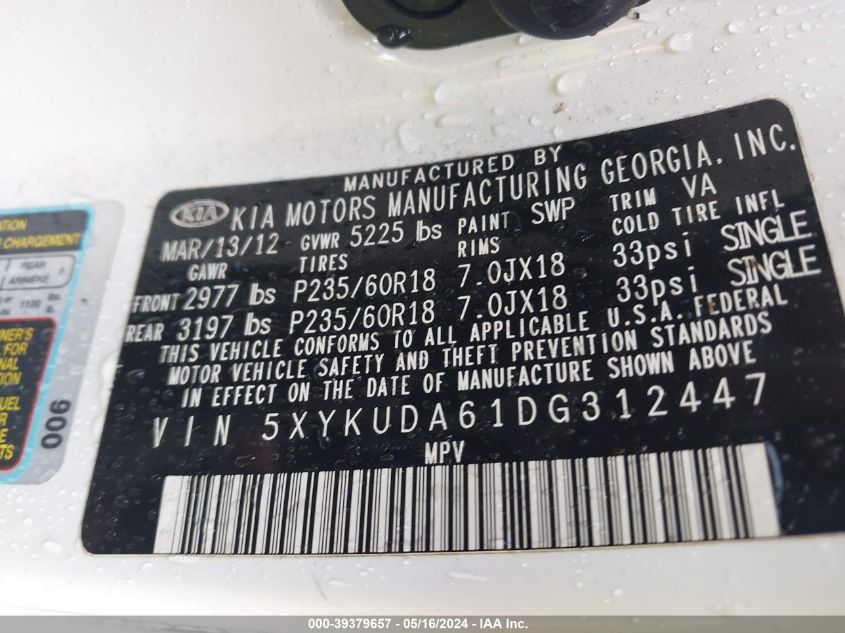 2013 Kia Sorento Ex VIN: 5XYKUDA61DG312447 Lot: 39379657