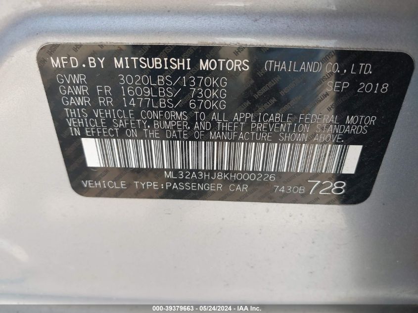 2019 Mitsubishi Mirage Es/Rf VIN: ML32A3HJ8KH000226 Lot: 39379663