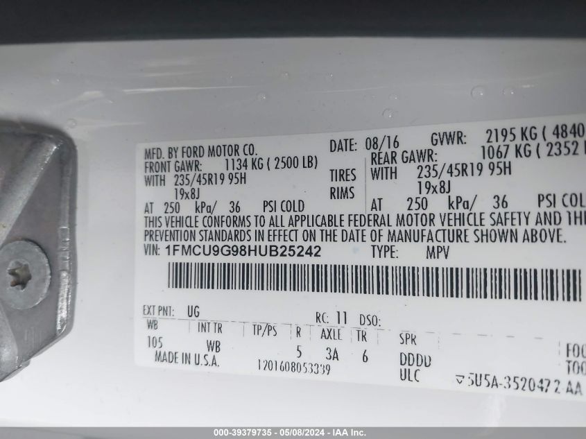 2017 FORD ESCAPE SE - 1FMCU9G98HUB25242