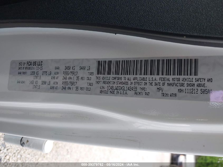 2016 Jeep Wrangler Unlimited Sport VIN: 1C4BJWDGXGL142459 Lot: 39379762