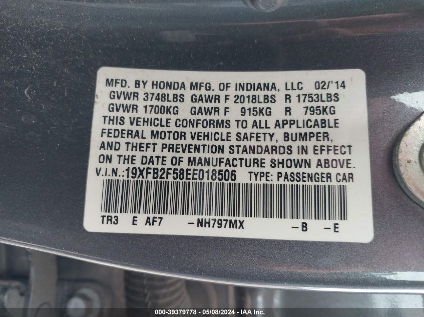 2014 Honda Civic Lx VIN: 19XFB2F58EE018506 Lot: 39379778