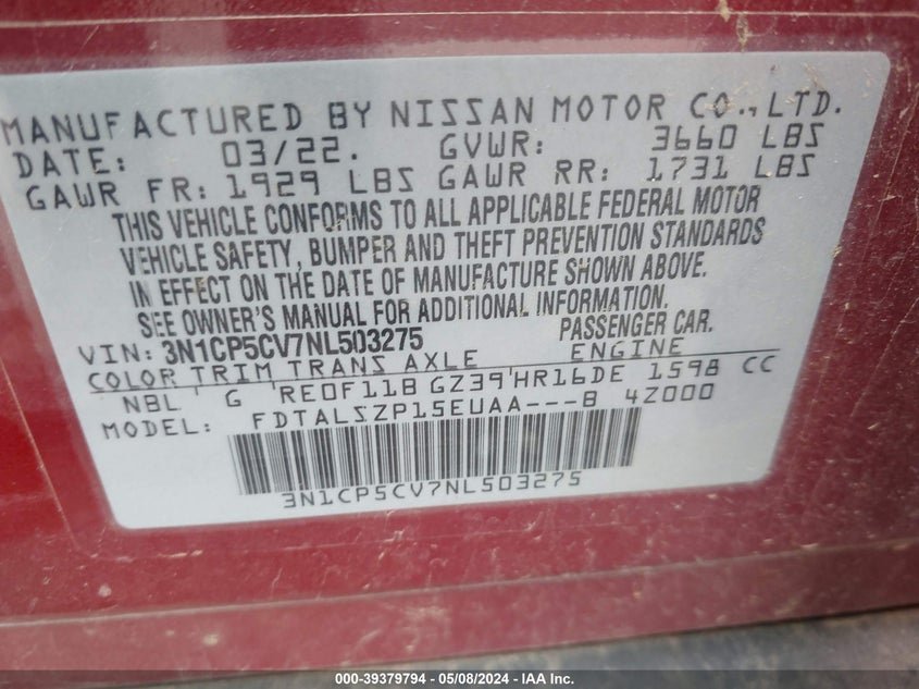 2022 NISSAN KICKS SV XTRONIC CVT - 3N1CP5CV7NL503275