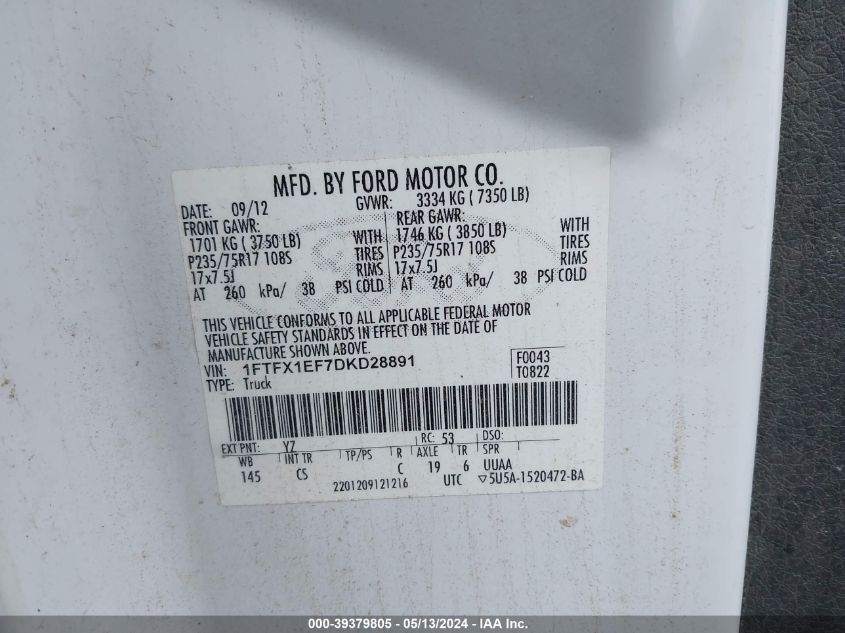 2013 Ford F-150 Xl VIN: 1FTFX1EF7DKD28891 Lot: 39379805