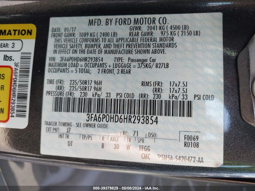 2017 FORD FUSION SE - 3FA6P0HD6HR293854