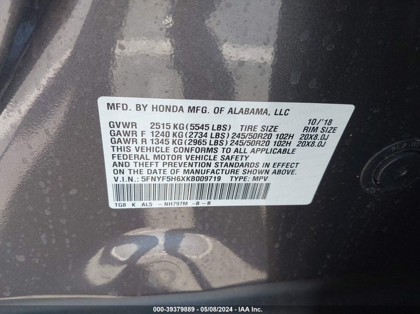 VIN 5FNYF5H6XKB009719 2019 HONDA PILOT TOURING