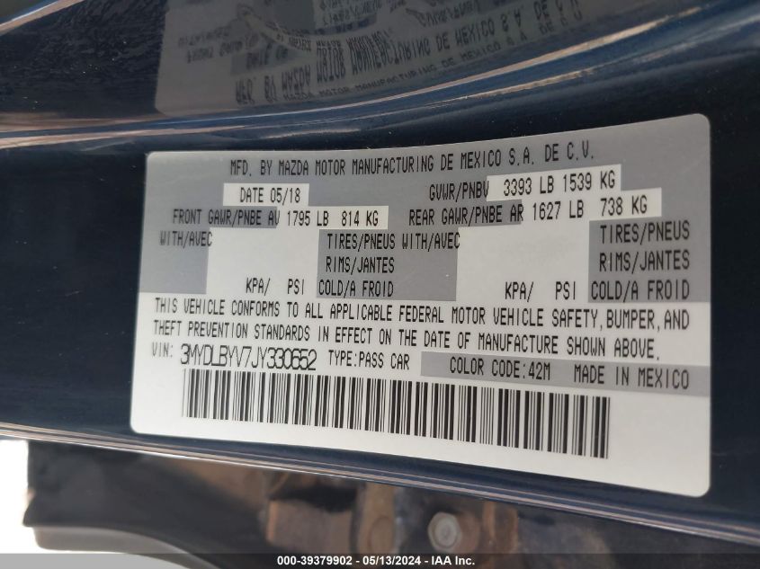 2018 Toyota Yaris Ia VIN: 3MYDLBYV7JY330652 Lot: 39379902