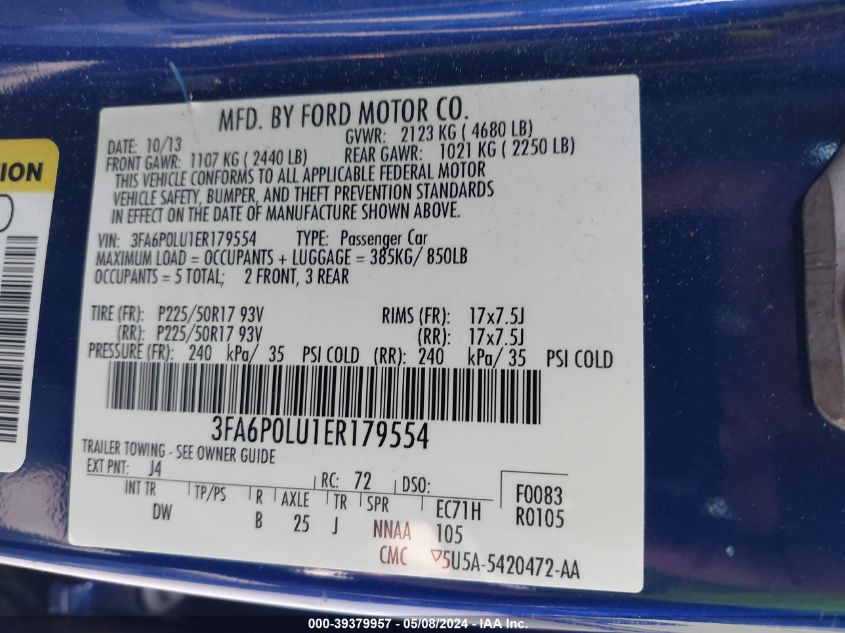 2014 Ford Fusion Hybrid Se VIN: 3FA6P0LU1ER179554 Lot: 39379957