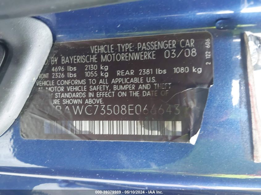 2008 BMW 335Xi VIN: WBAWC73508E066643 Lot: 39379989