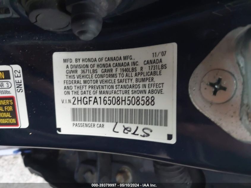 2008 Honda Civic Lx VIN: 2HGFA16508H508588 Lot: 39379997