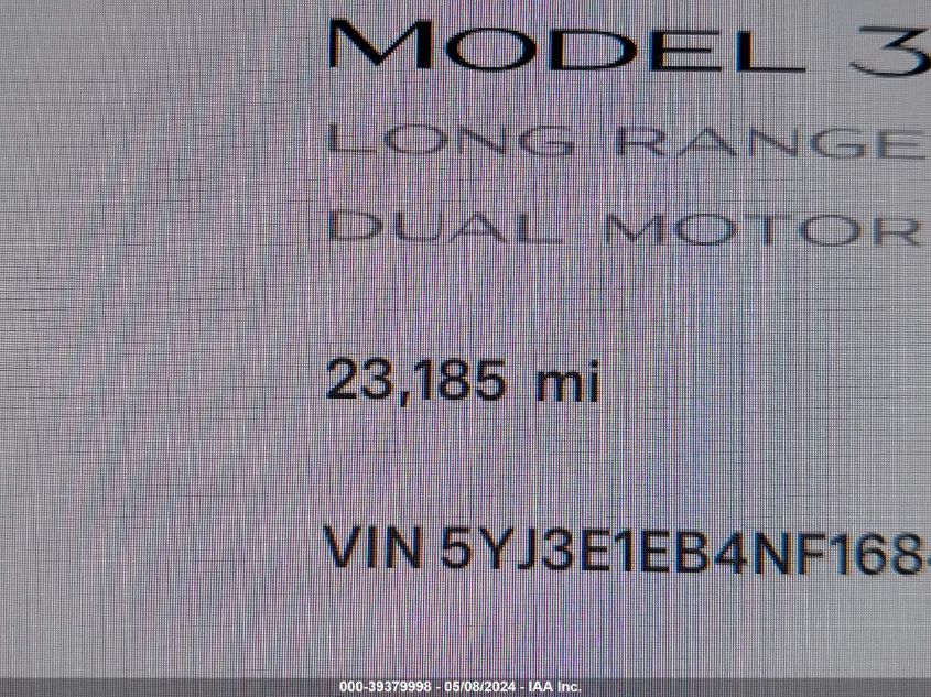 2022 Tesla Model 3 Long Range Dual Motor All-Wheel Drive VIN: 5YJ3E1EB4NF168487 Lot: 39379998