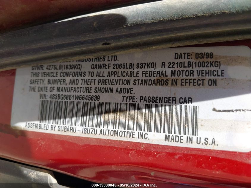 1998 Subaru Legacy Outback/Outback Limited/Outback Sport VIN: 4S3BG6851W6645639 Lot: 39380045