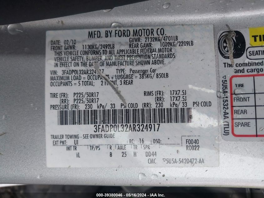 2010 Ford Fusion Hybrid VIN: 3FADP0L32AR324917 Lot: 39380046