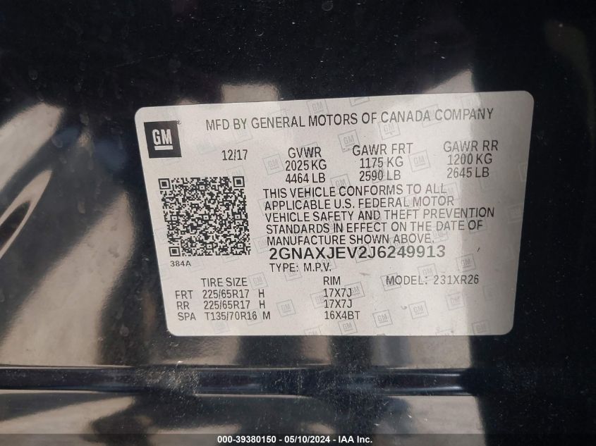 2018 Chevrolet Equinox Lt VIN: 2GNAXJEV2J6249913 Lot: 39380150