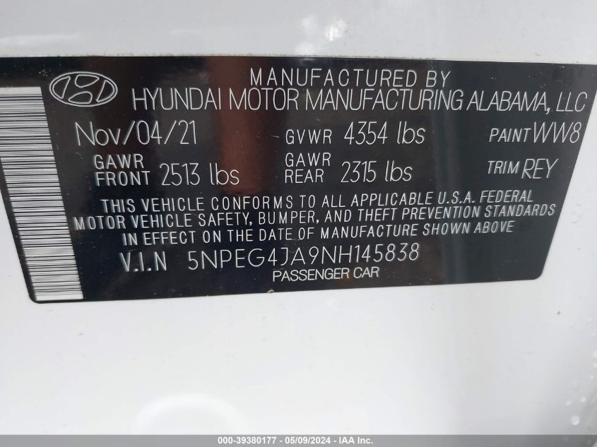 2022 Hyundai Sonata Se VIN: 5NPEG4JA9NH145838 Lot: 39380177