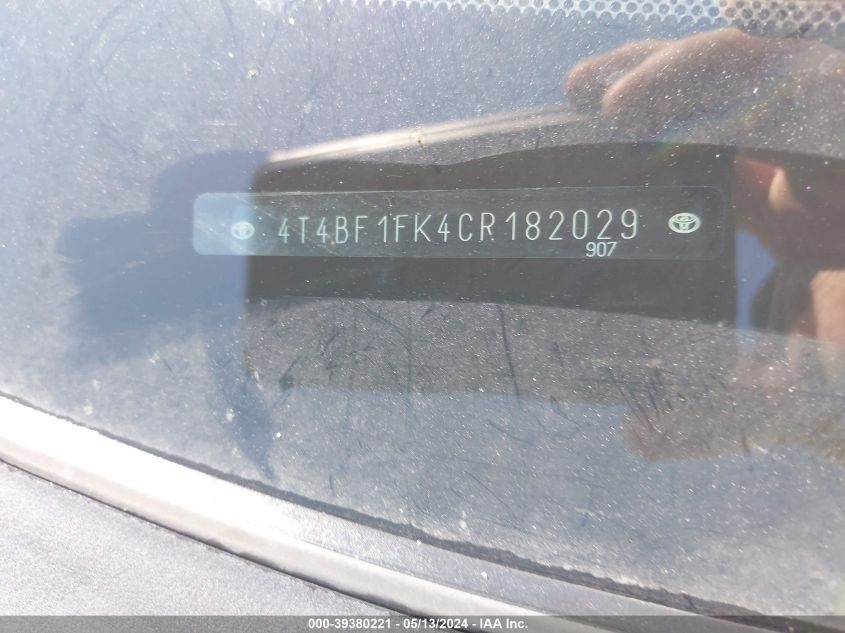 2012 Toyota Camry L/Le/Se/Se Limited Edition/Xle VIN: 4T4BF1FK4CR182029 Lot: 39380221