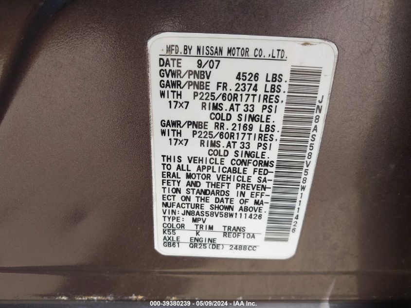 2008 Nissan Rogue Sl VIN: JN8AS58V58W111426 Lot: 39380239