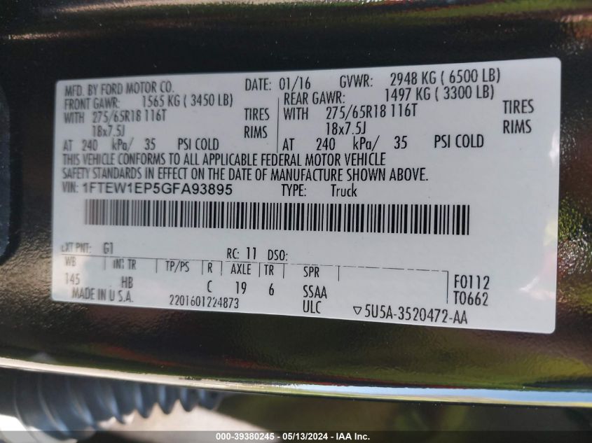 2016 Ford F-150 Lariat VIN: 1FTEW1EP5GFA93895 Lot: 39380245