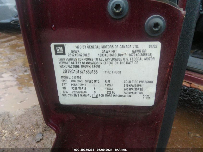 2002 GMC Sierra 1500 Sle VIN: 2GTEC19T321359155 Lot: 39380264
