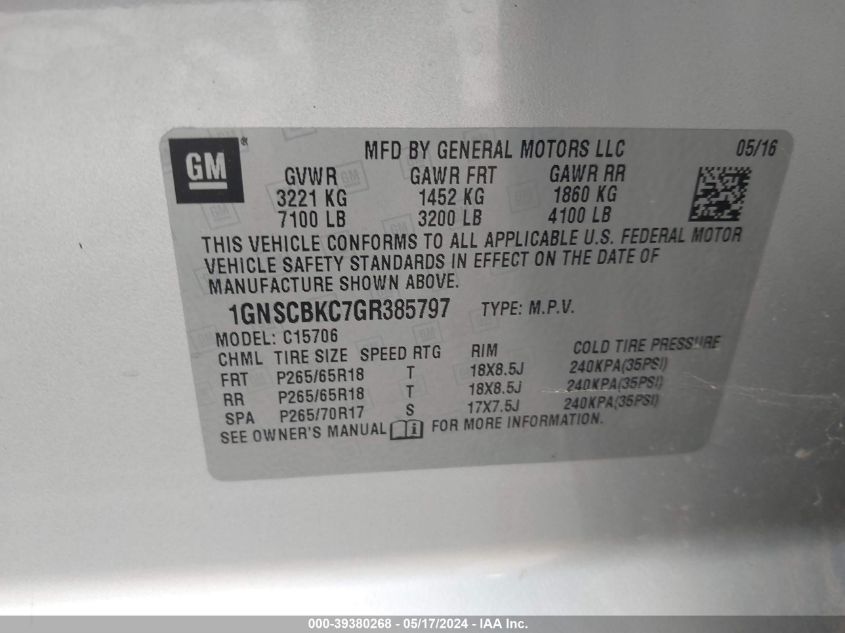 2016 Chevrolet Tahoe Lt VIN: 1GNSCBKC7GR385797 Lot: 39380268