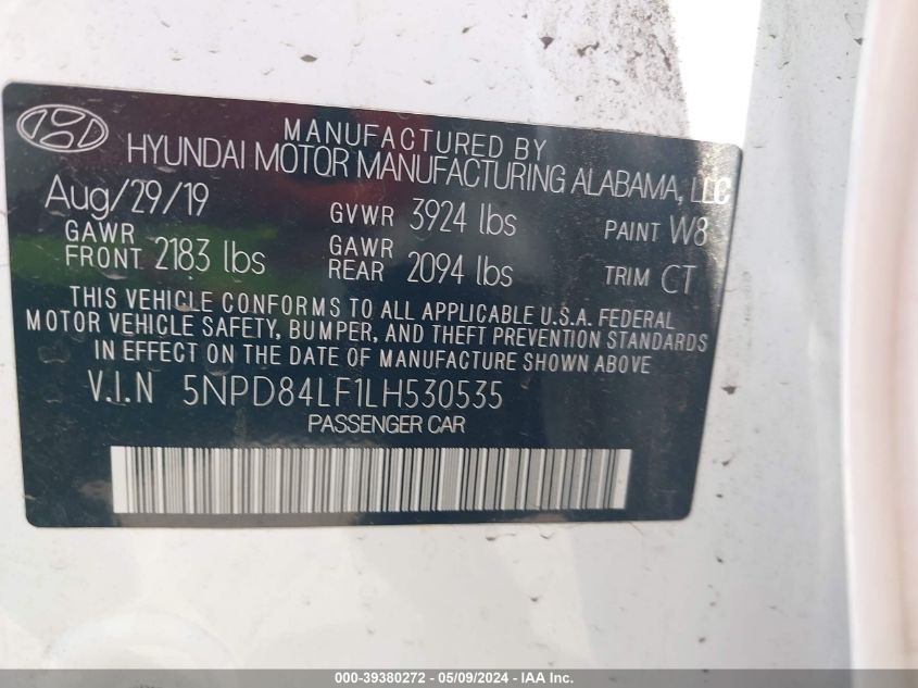 2020 Hyundai Elantra Sel VIN: 5NPD84LF1LH530535 Lot: 39380272