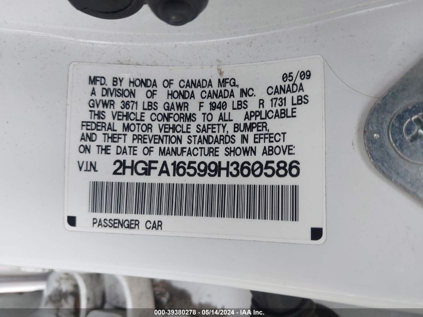 2009 Honda Civic Lx VIN: 2HGFA16599H360586 Lot: 39380278