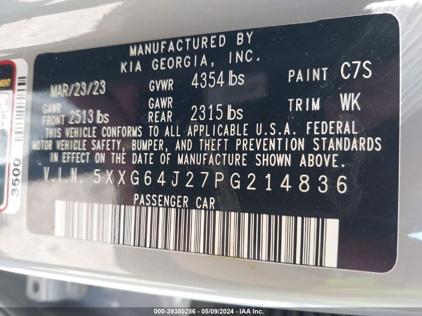 2023 Kia K5 Gt-Line VIN: 5XXG64J27PG214836 Lot: 39380286