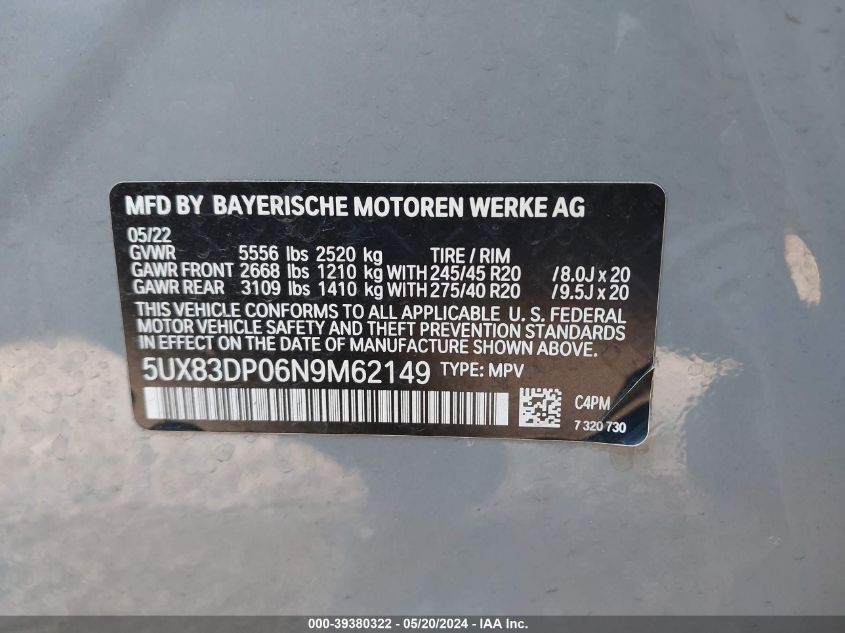 2022 BMW X3 M40I VIN: 5UX83DP06N9M62149 Lot: 39380322