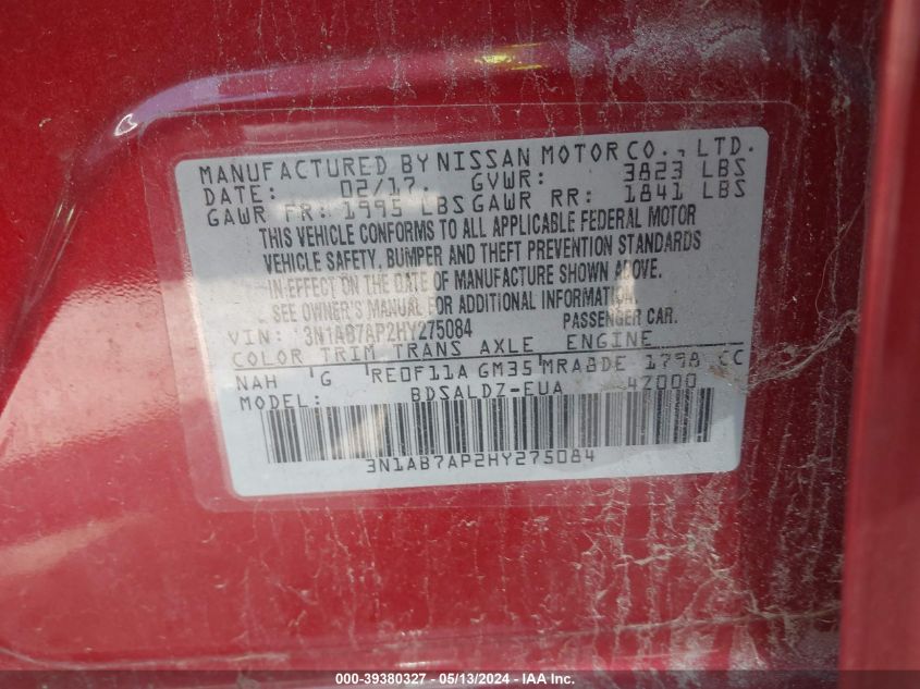 2017 Nissan Sentra Sv VIN: 3N1AB7AP2HY275084 Lot: 39380327