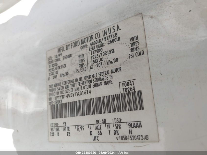 2000 Ford Ranger Xl/Xlt VIN: 1FTYR14V3YTA31614 Lot: 39380326