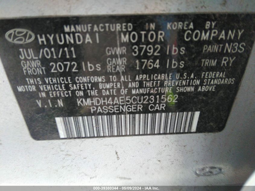 KMHDH4AE5CU231562 2012 Hyundai Elantra Limited (Ulsan Plant)