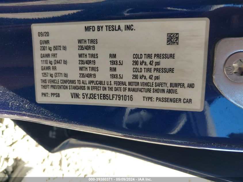 2020 Tesla Model 3 Long Range Dual Motor All-Wheel Drive VIN: 5YJ3E1EB5LF791016 Lot: 39380371